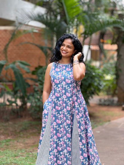 Nessa Gray Floral Panelled Cotton Midi Dress