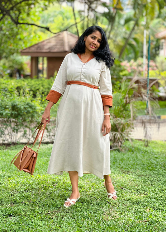 Cotton Linen Midi Dress with Collar, Pockets-Ivory Colour – Office Wear – Ready to Ship