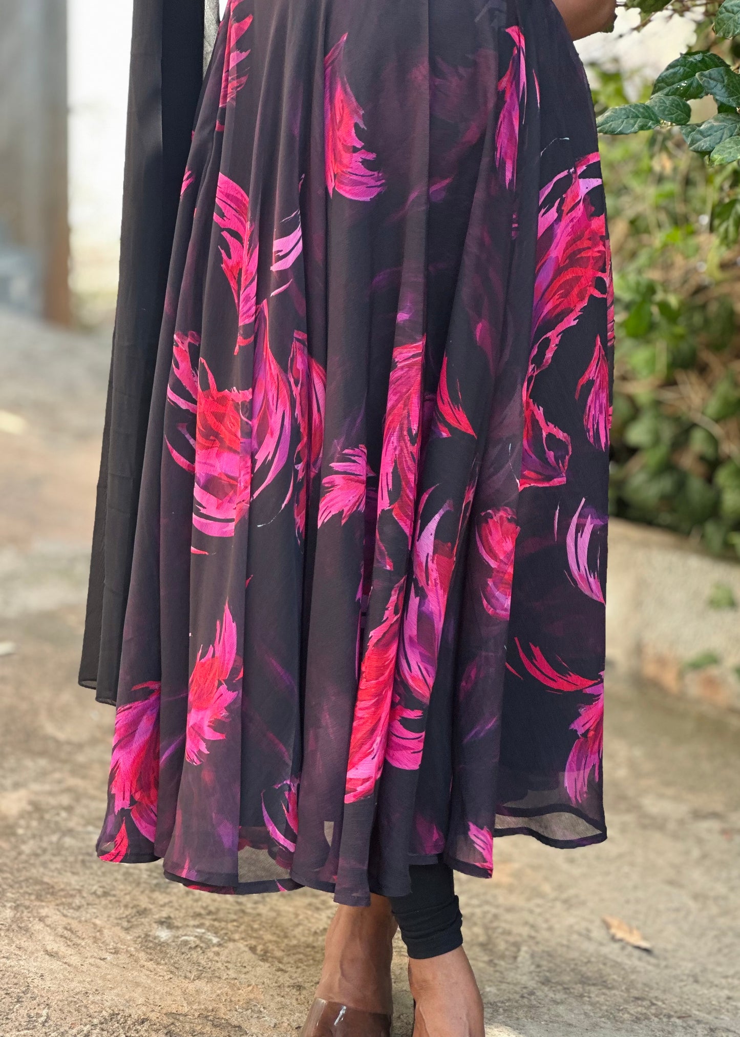 Black with Pink feather print Anarkali
