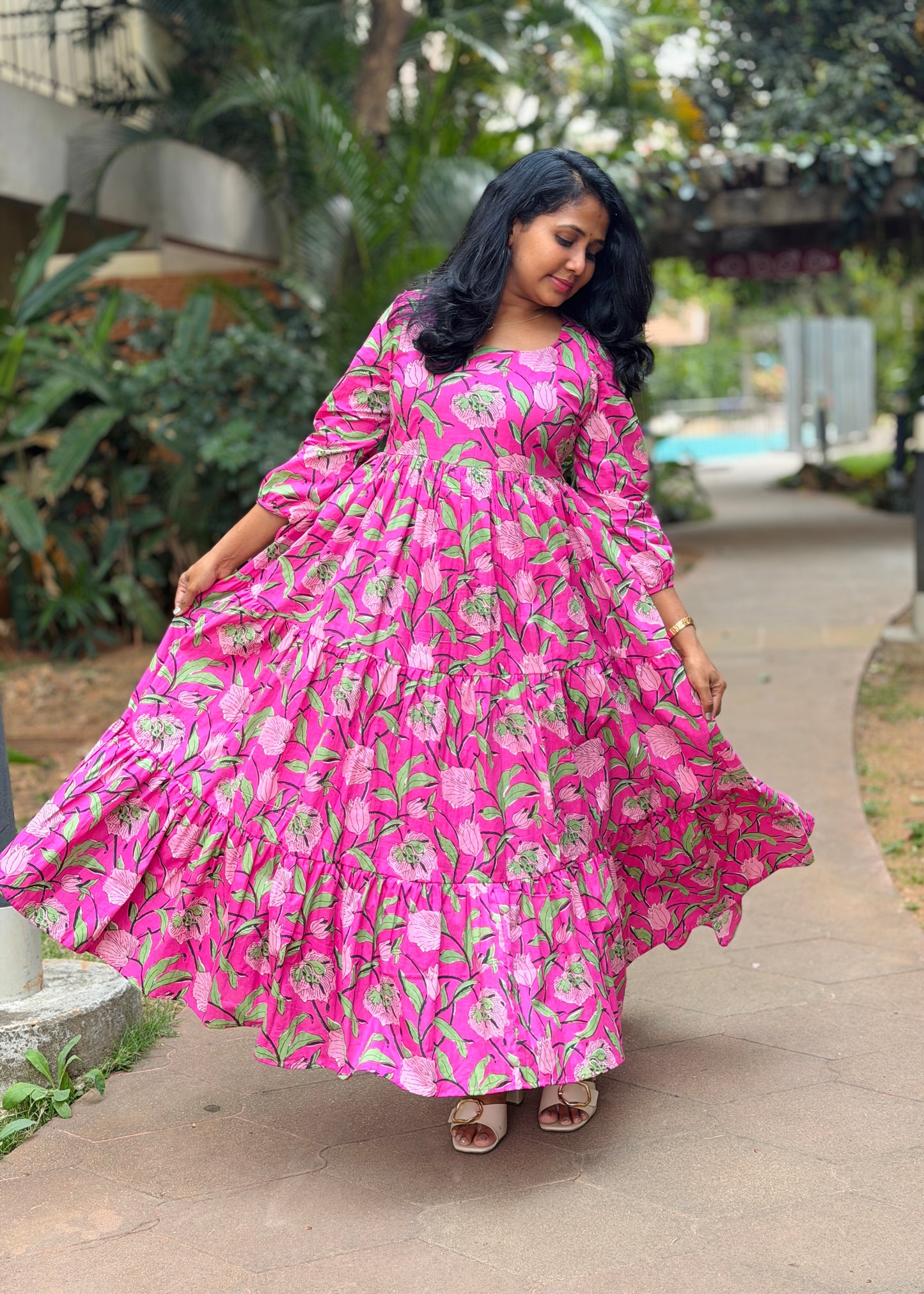Rosa Cotton Maxi Dress — Pink Floral Print