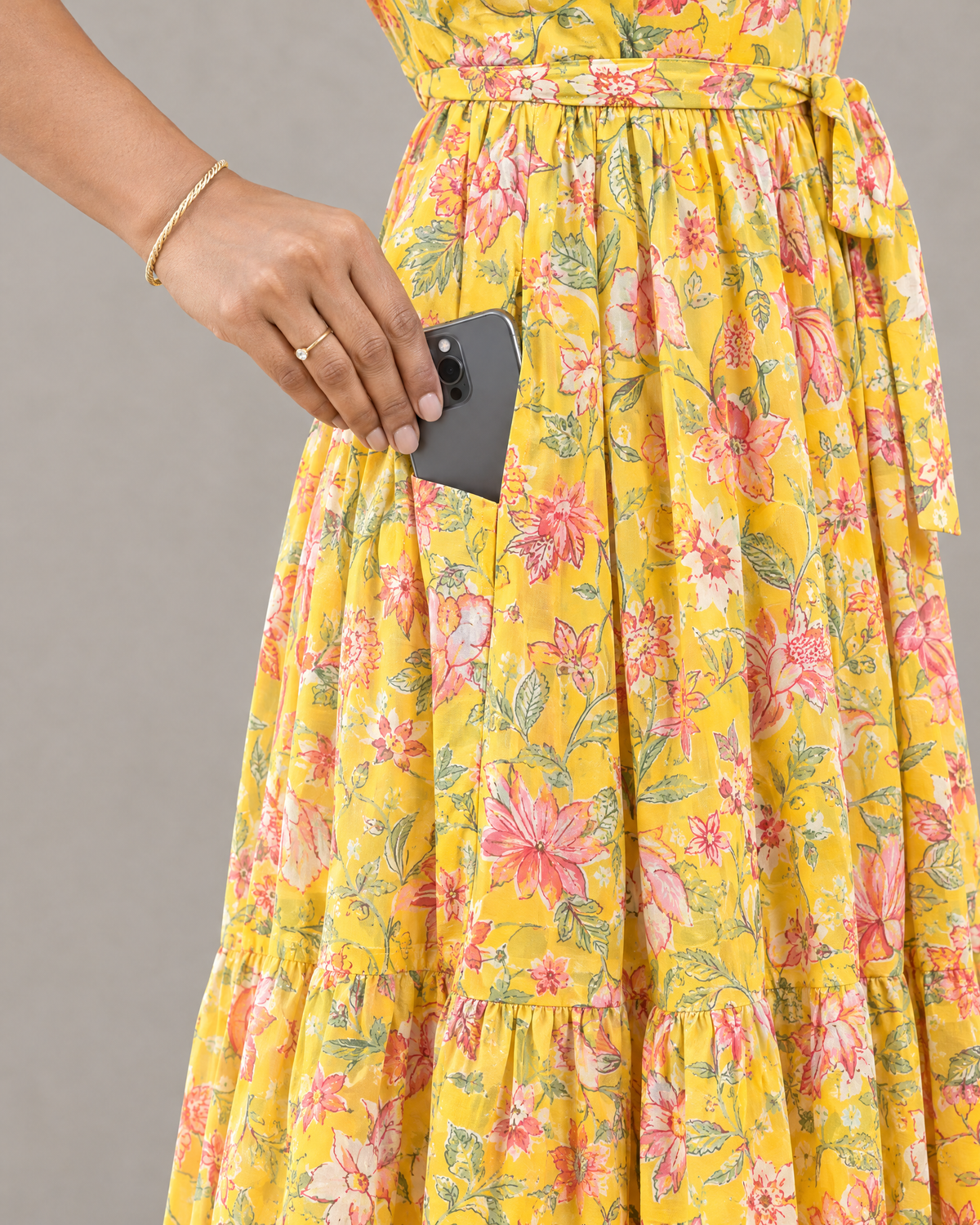 Sunlit Bloom Floral Ruffle Shoulder Chiffon Dress