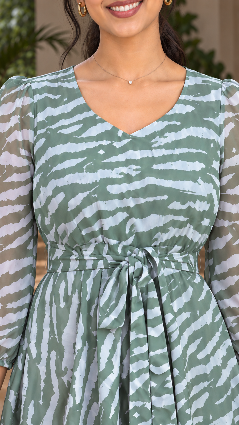 Brielle Sage Green Abstract Stripe Chiffon Dress