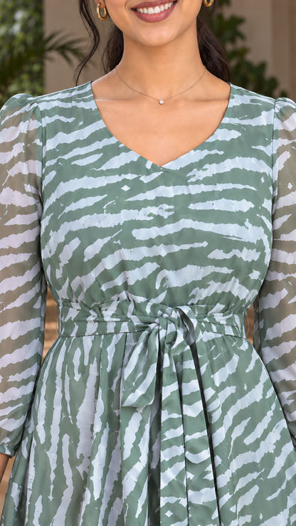 Brielle Sage Green Abstract Stripe Chiffon Dress