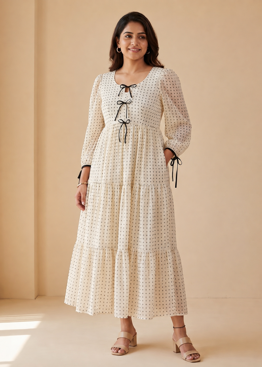 Novie Ivory Polka Bow Chiffon Dress