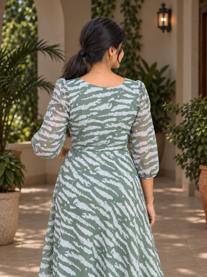 Brielle Sage Green Abstract Stripe Chiffon Dress