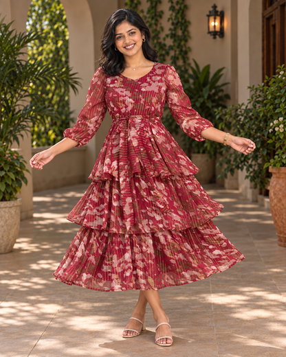 Juliette Maroon Layered Georgette Dress