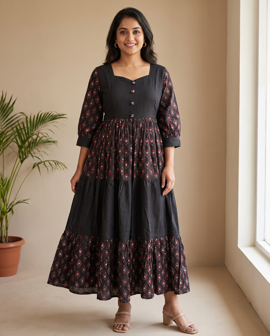 Zari Cotton Tiered Black Dress
