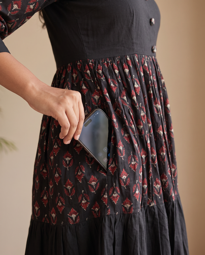 Zari Cotton Tiered Black Dress