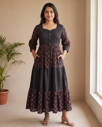 Zari Cotton Tiered Black Dress