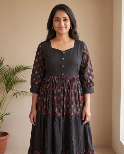 Zari Cotton Tiered Black Dress