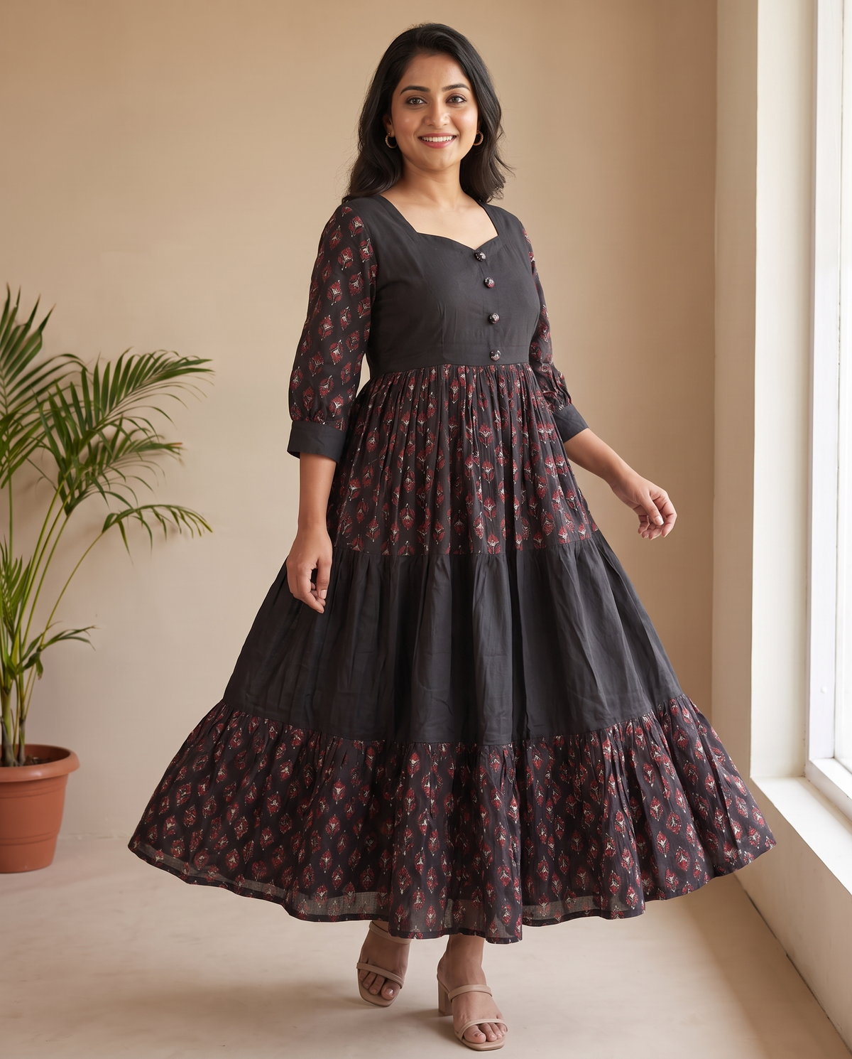 Zari Cotton Tiered Black Dress