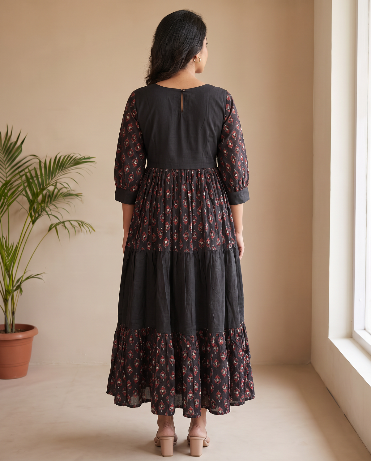 Zari Cotton Tiered Black Dress