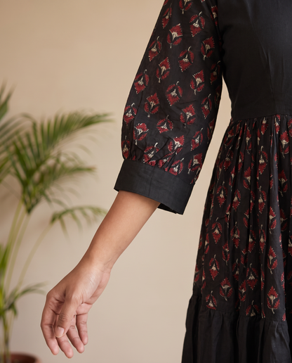Zari Cotton Tiered Black Dress