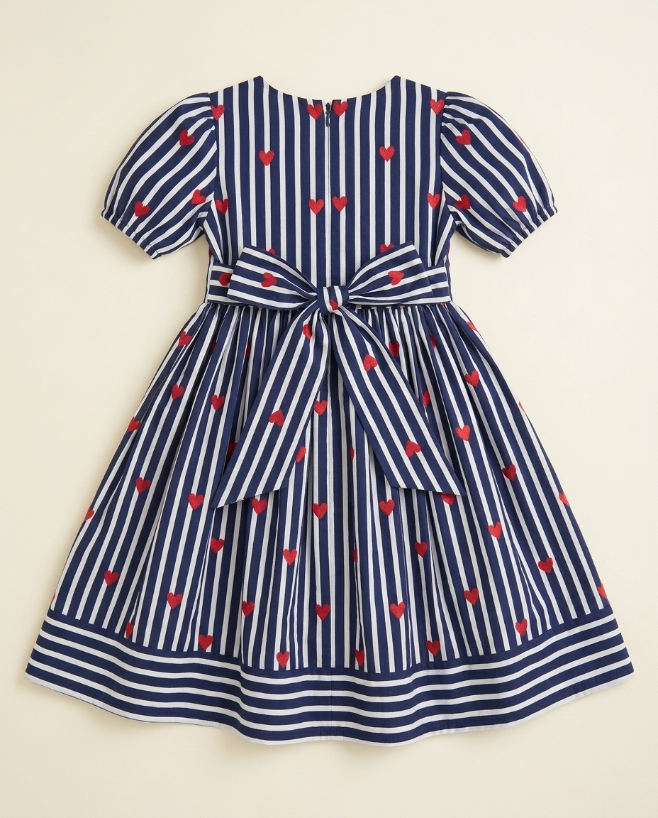 Girls Navy Stripe Heart-Print Cotton Dress with Puff Sleeves & Tie Detail