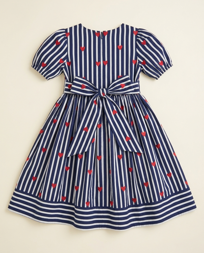 Girls Navy Stripe Heart-Print Cotton Dress with Puff Sleeves & Tie Detail