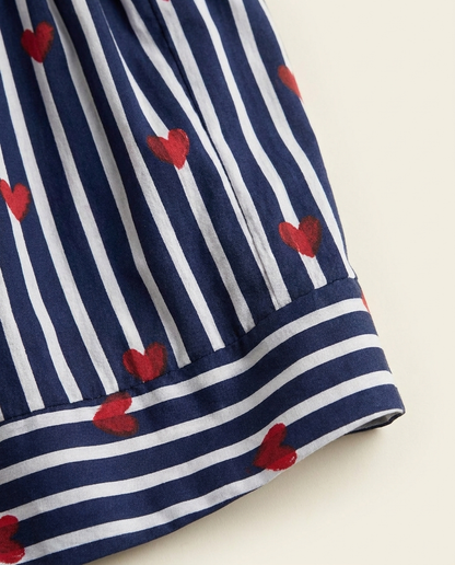 Girls Navy Stripe Heart-Print Cotton Dress with Puff Sleeves & Tie Detail