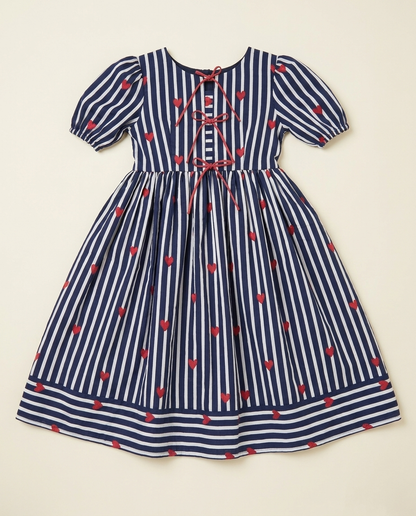 Girls Navy Stripe Heart-Print Cotton Dress with Puff Sleeves & Tie Detail