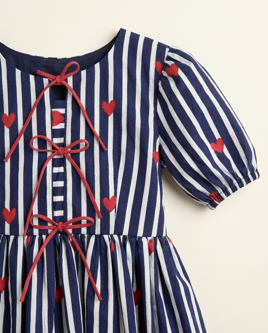Girls Navy Stripe Heart-Print Cotton Dress with Puff Sleeves & Tie Detail