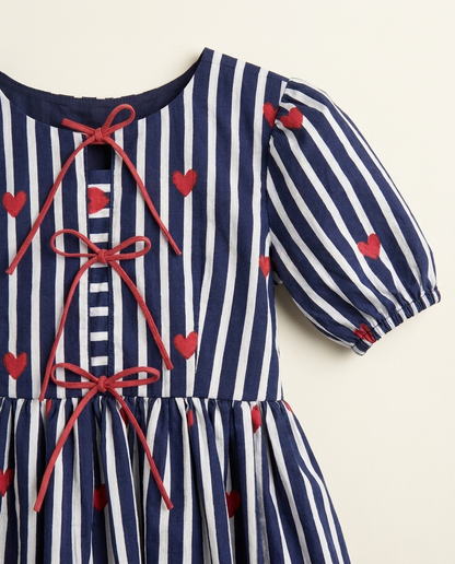 Girls Navy Stripe Heart-Print Cotton Dress with Puff Sleeves & Tie Detail