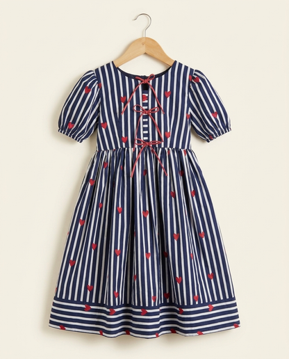 Girls Navy Stripe Heart-Print Cotton Dress with Puff Sleeves & Tie Detail
