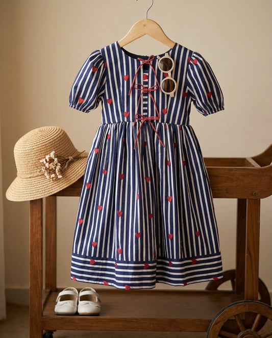 Girls Navy Stripe Heart-Print Cotton Dress with Puff Sleeves & Tie Detail