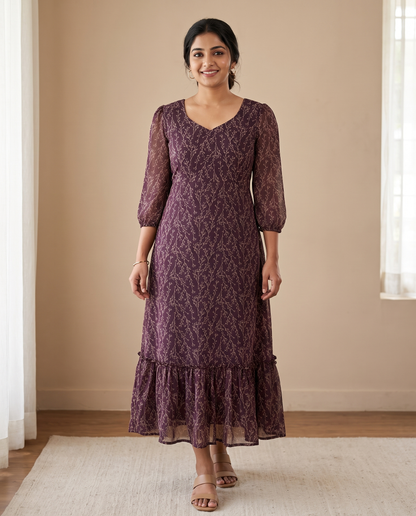 Veeha Plum Vine Print Georgette Dress