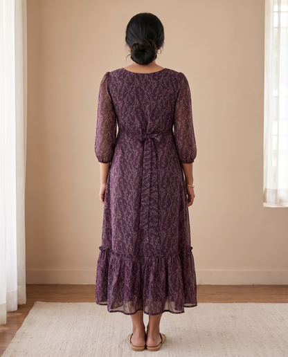 Veeha Plum Vine Print Georgette Dress