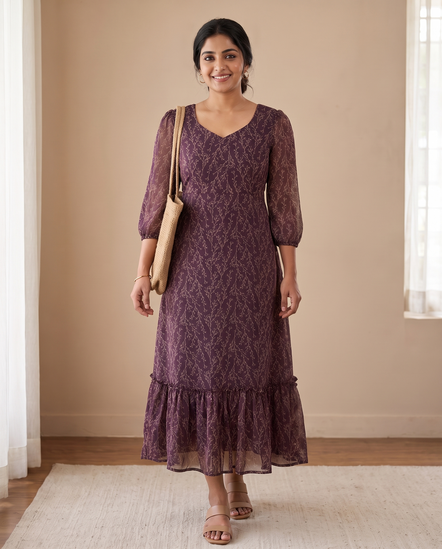 Veeha Plum Vine Print Georgette Dress