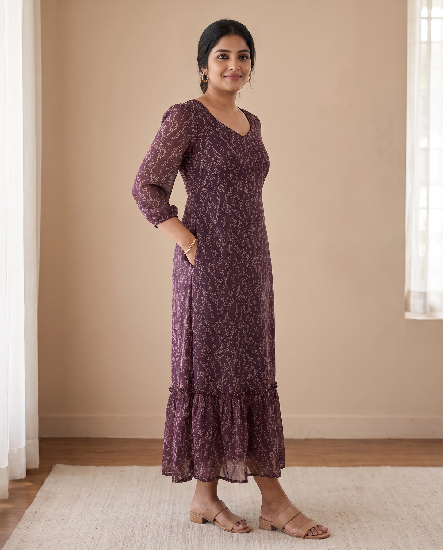 Veeha Plum Vine Print Georgette Dress
