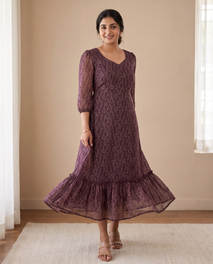 Veeha Plum Vine Print Georgette Dress