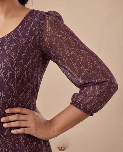 Veeha Plum Vine Print Georgette Dress