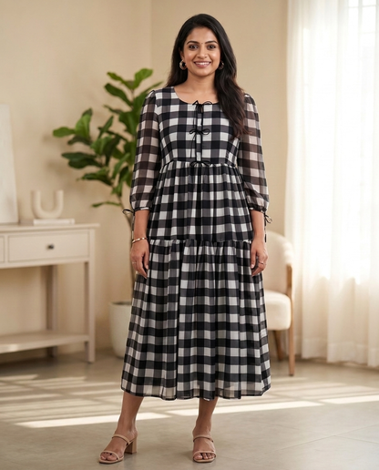 Minka Monochrome Check Bow Georgette Dress