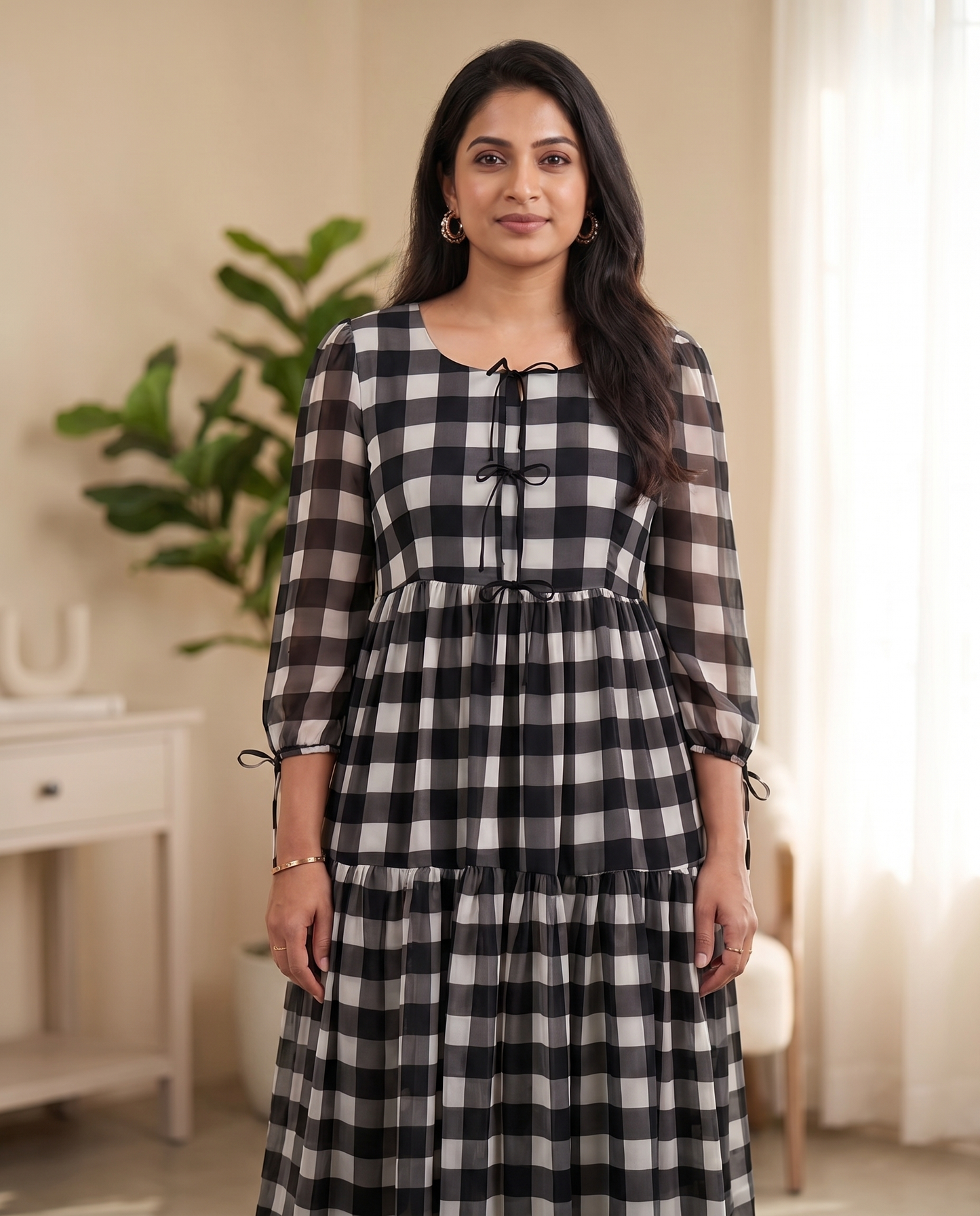 Minka Monochrome Check Bow Georgette Dress