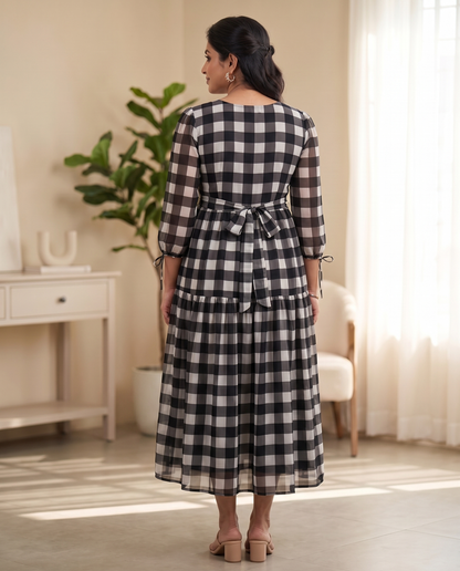 Minka Monochrome Check Bow Georgette Dress
