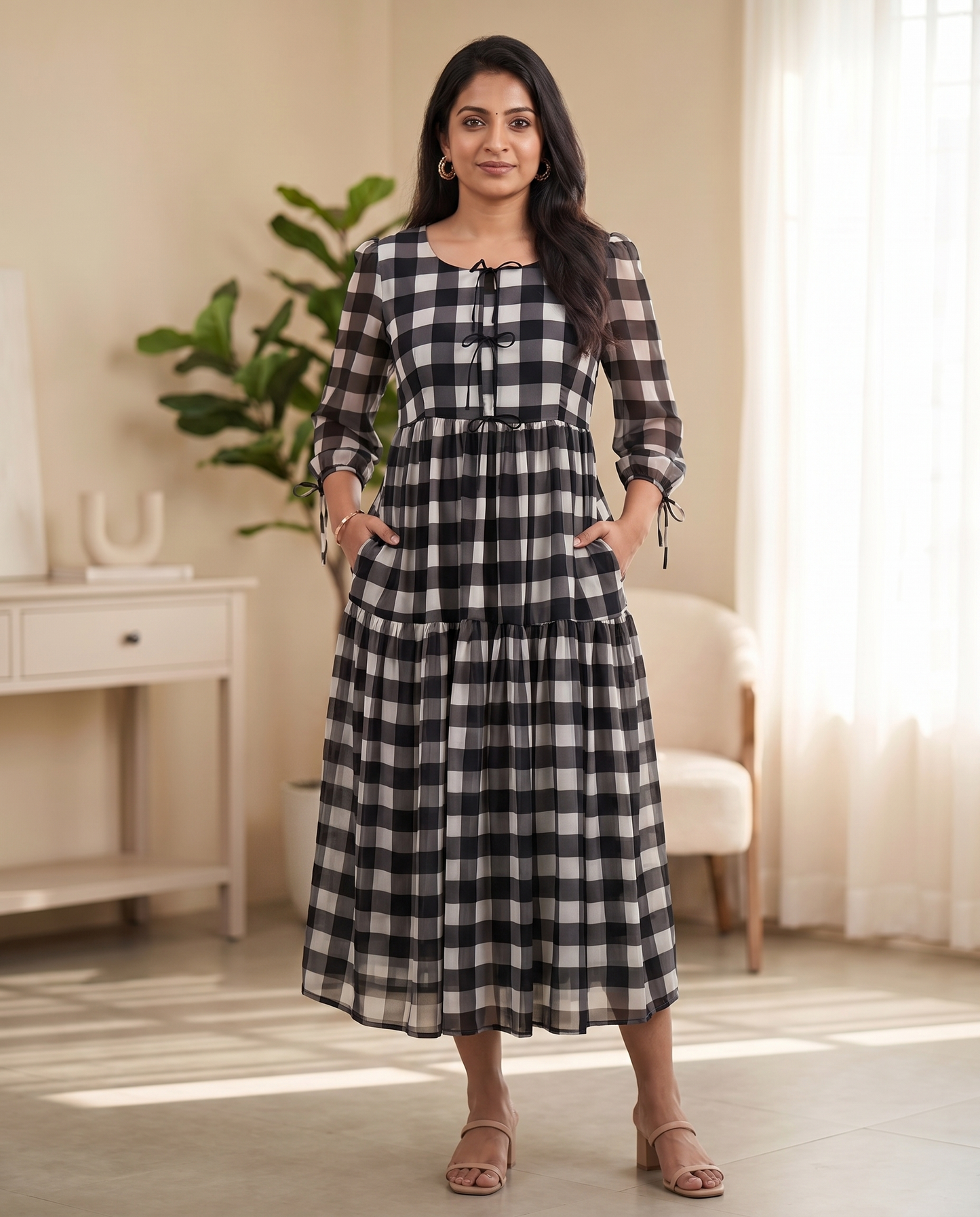 Minka Monochrome Check Bow Georgette Dress