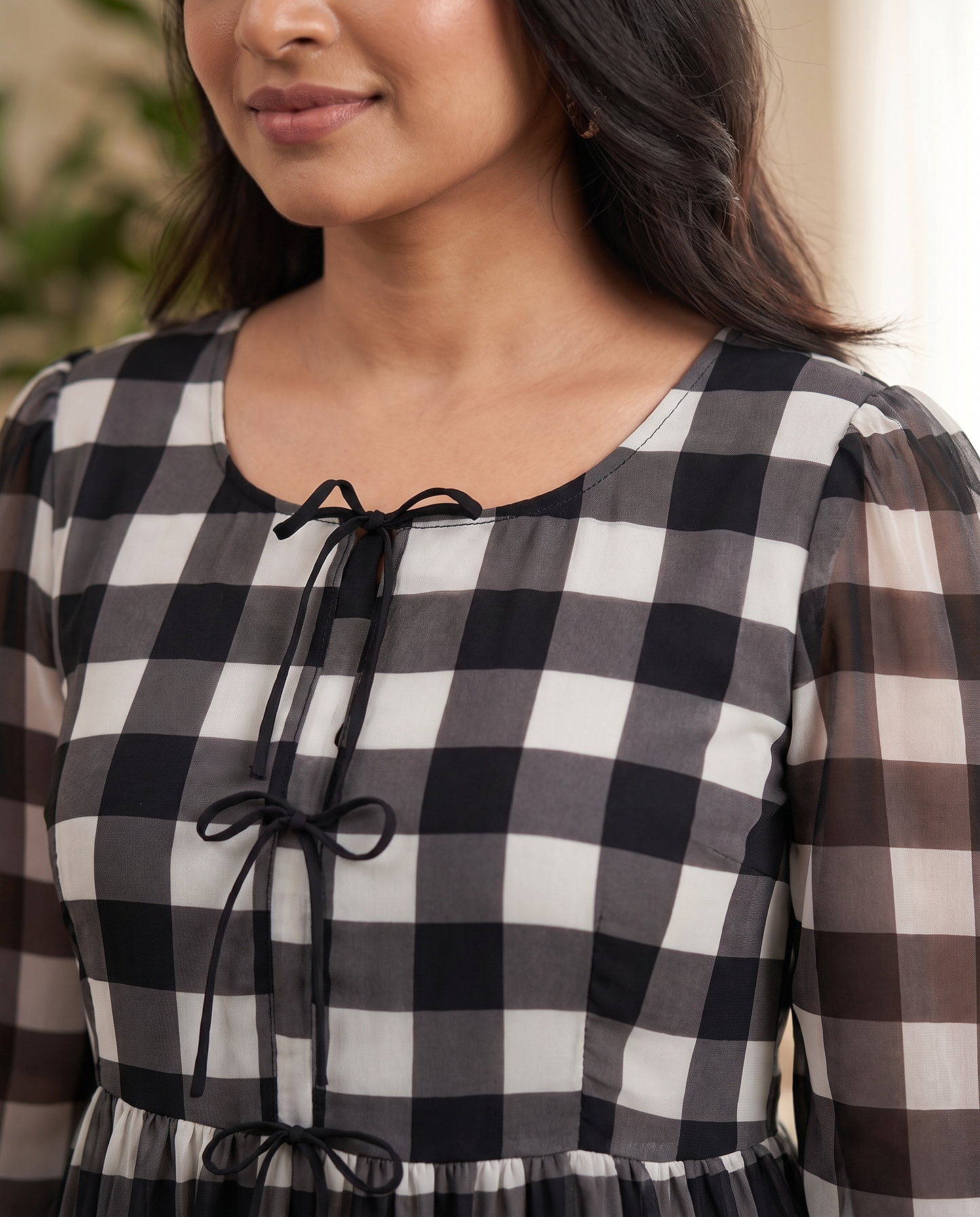 Minka Monochrome Check Bow Georgette Dress
