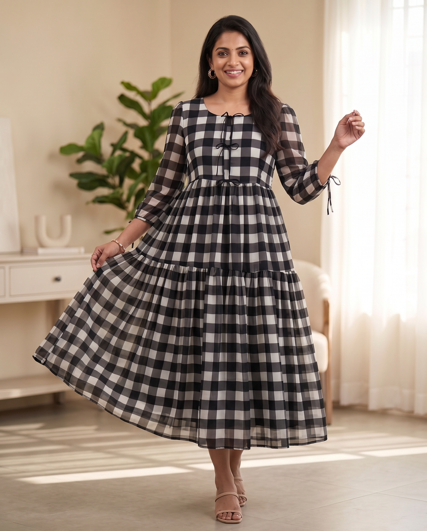 Minka Monochrome Check Bow Georgette Dress