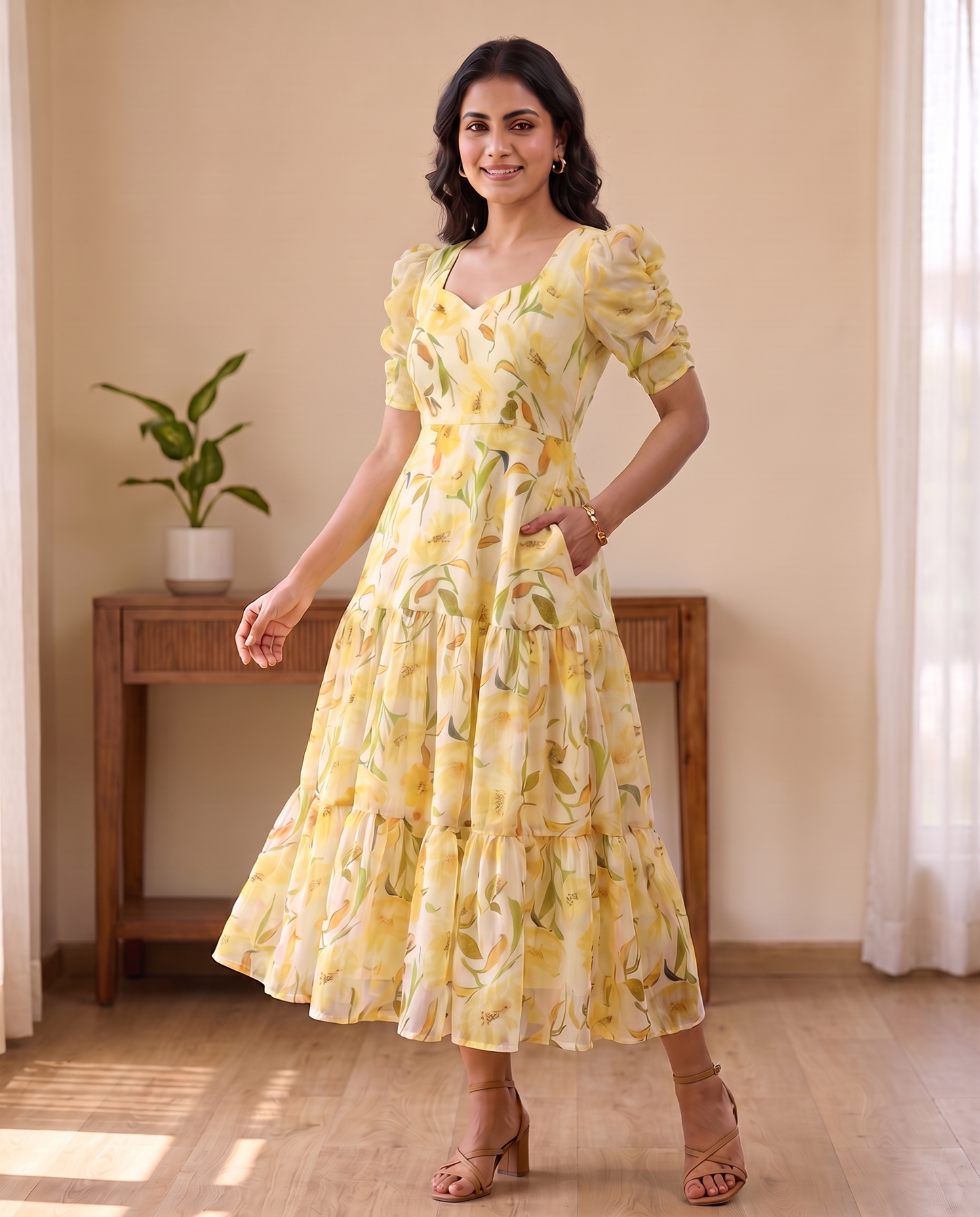 Solea Butter Yellow Floral Chiffon Midi Dress