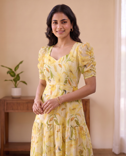 Solea Butter Yellow Floral Chiffon Midi Dress