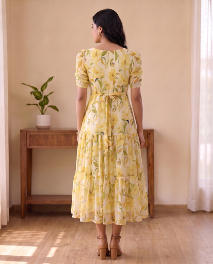 Solea Butter Yellow Floral Chiffon Midi Dress