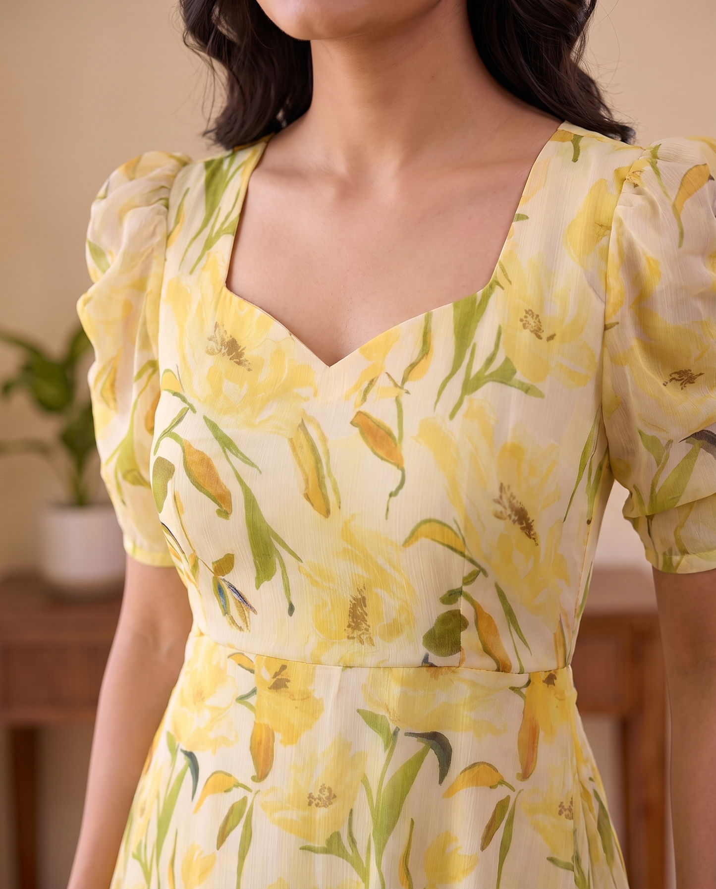 Solea Butter Yellow Floral Chiffon Midi Dress