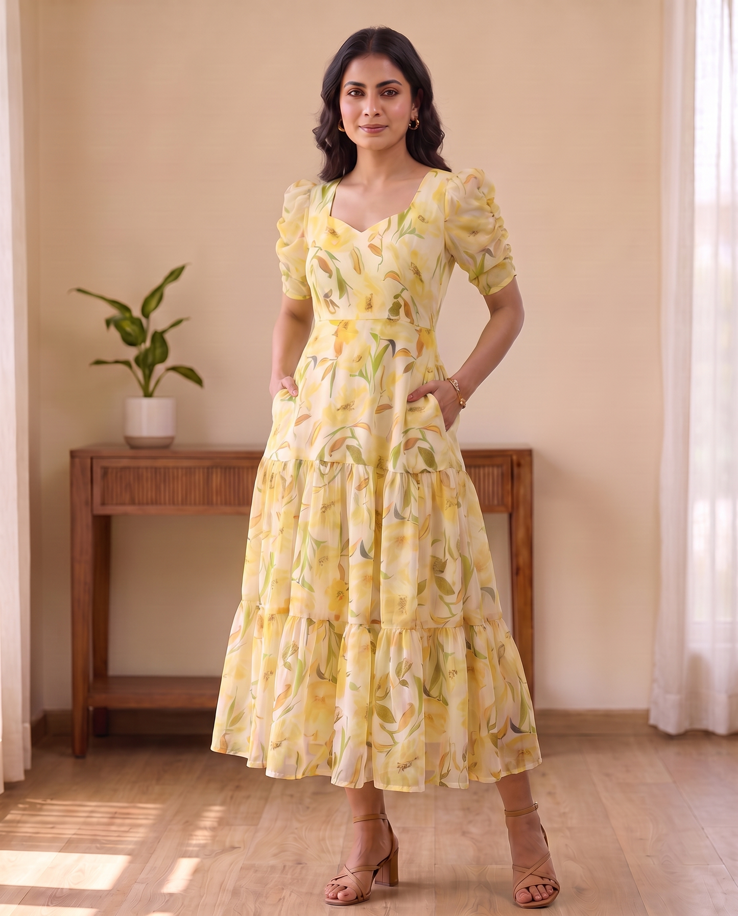 Solea Butter Yellow Floral Chiffon Midi Dress