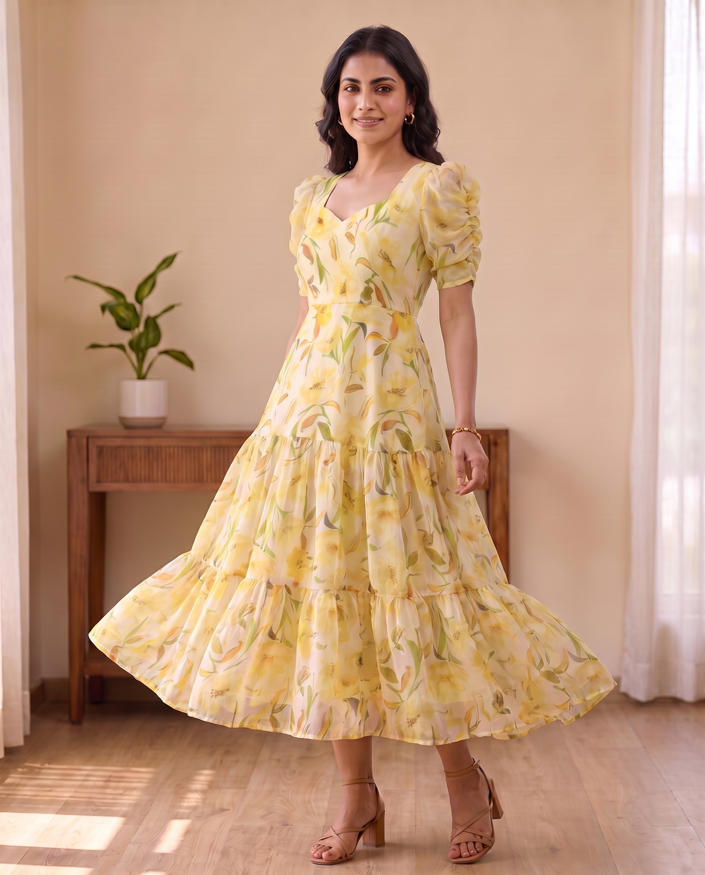 Solea Butter Yellow Floral Chiffon Midi Dress