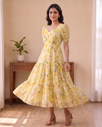 Solea Butter Yellow Floral Chiffon Midi Dress