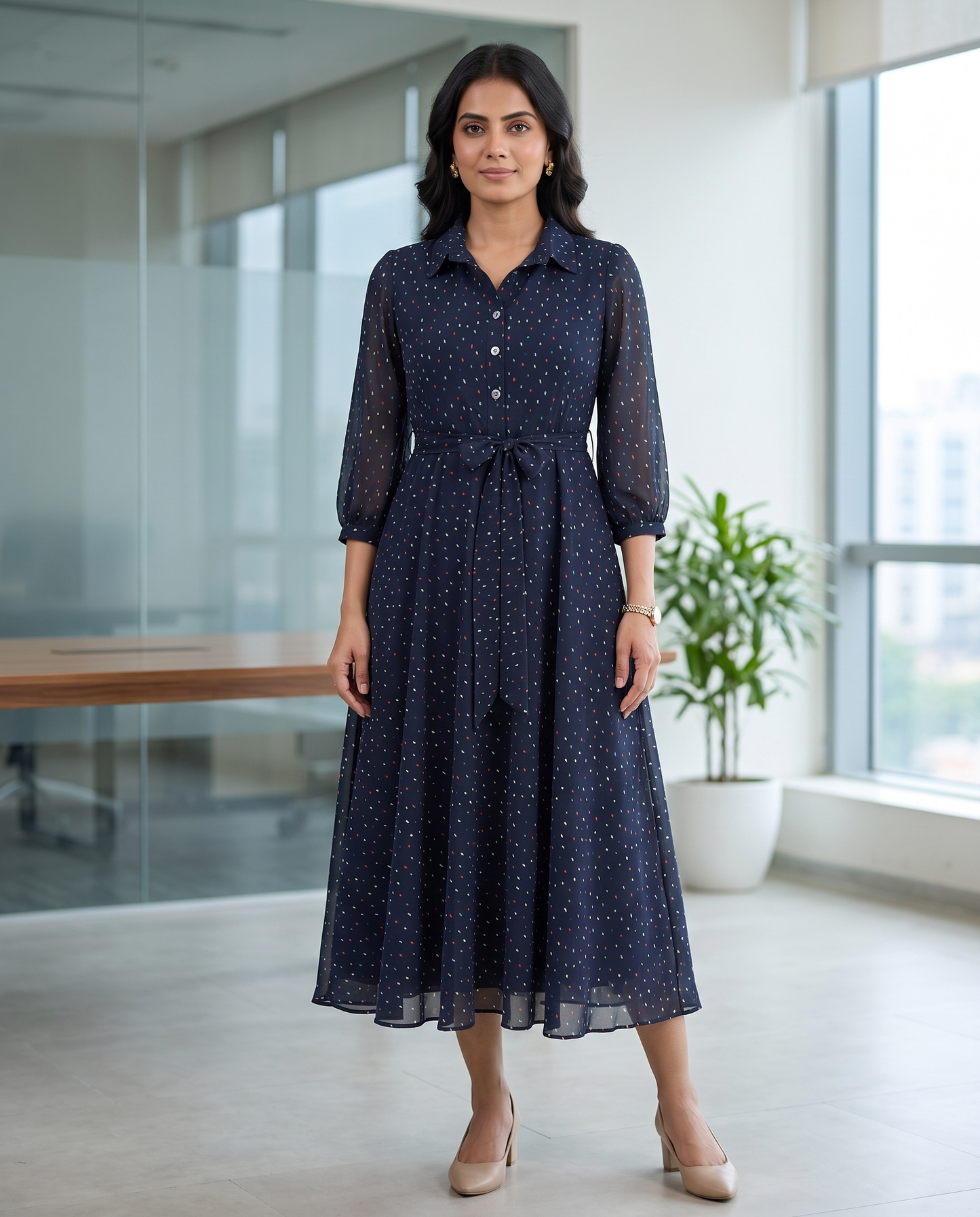 Aubrey Navy dotted collared dress
