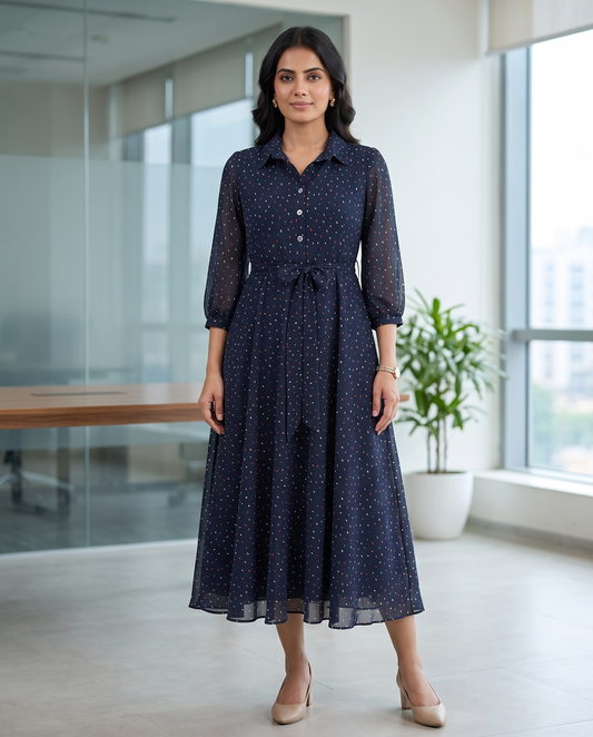 Aubrey Navy dotted collared dress