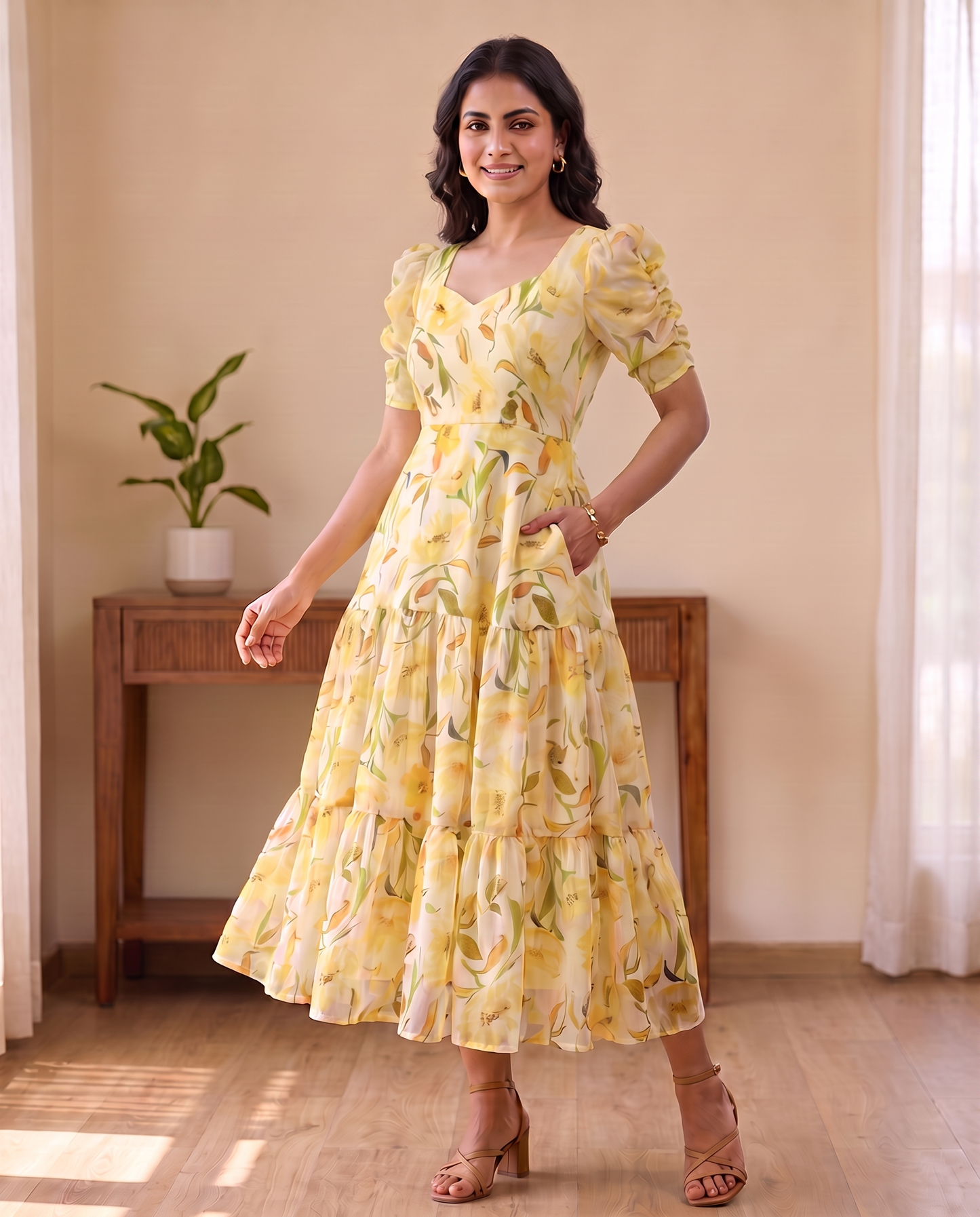 Solea Butter Yellow Floral Chiffon Midi Dress