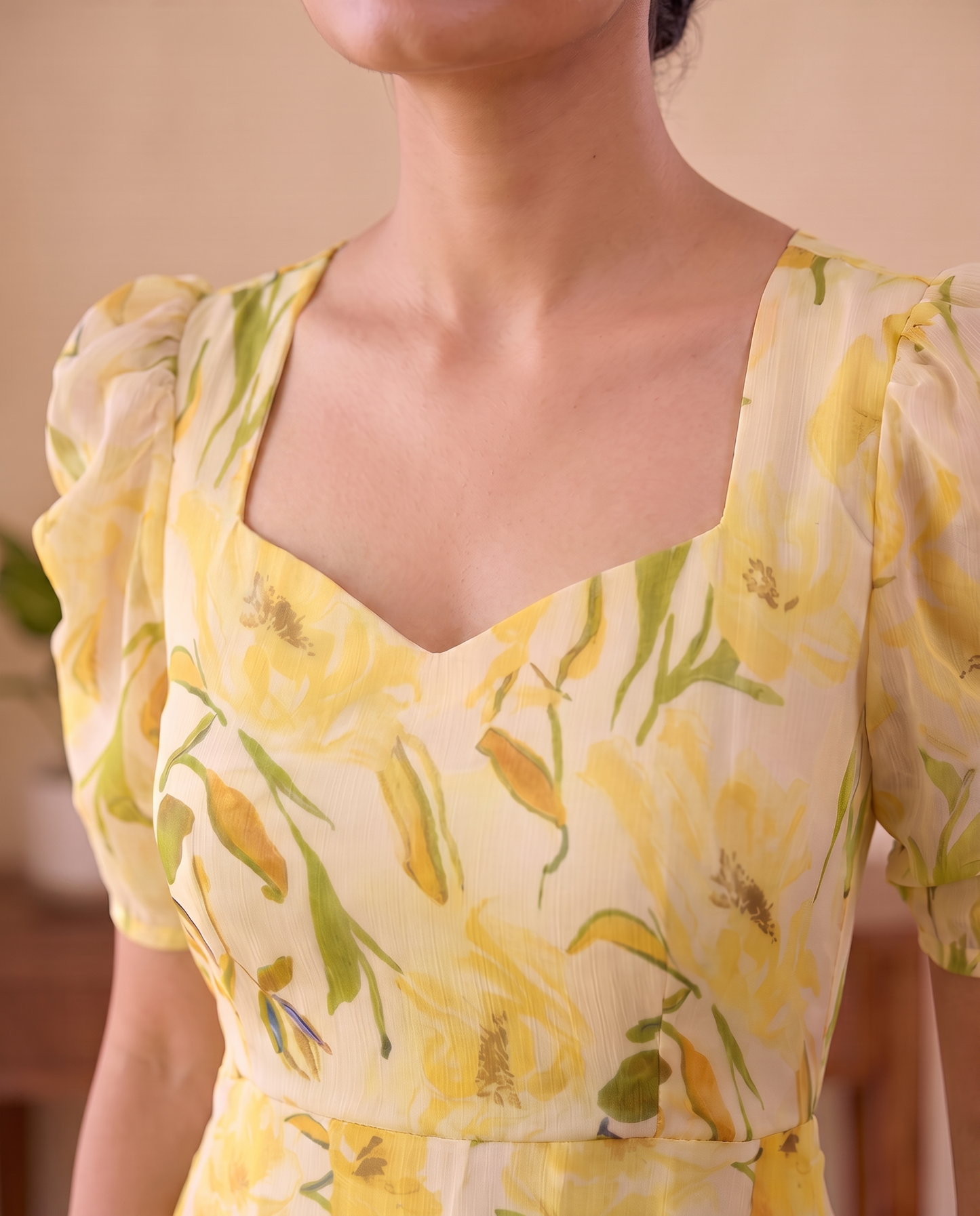 Solea Butter Yellow Floral Chiffon Midi Dress