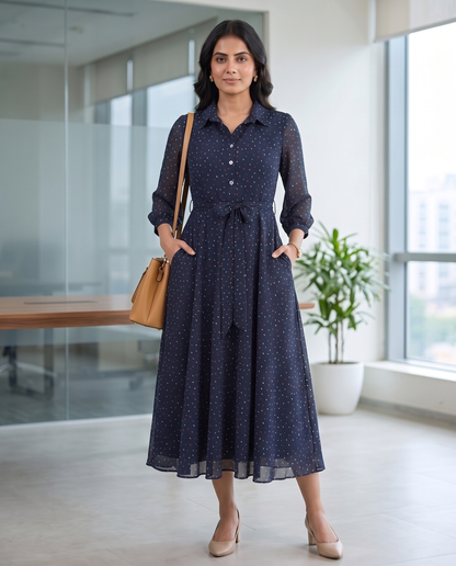 Aubrey Navy dotted collared dress
