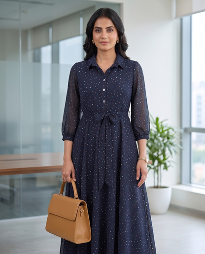 Aubrey Navy dotted collared dress